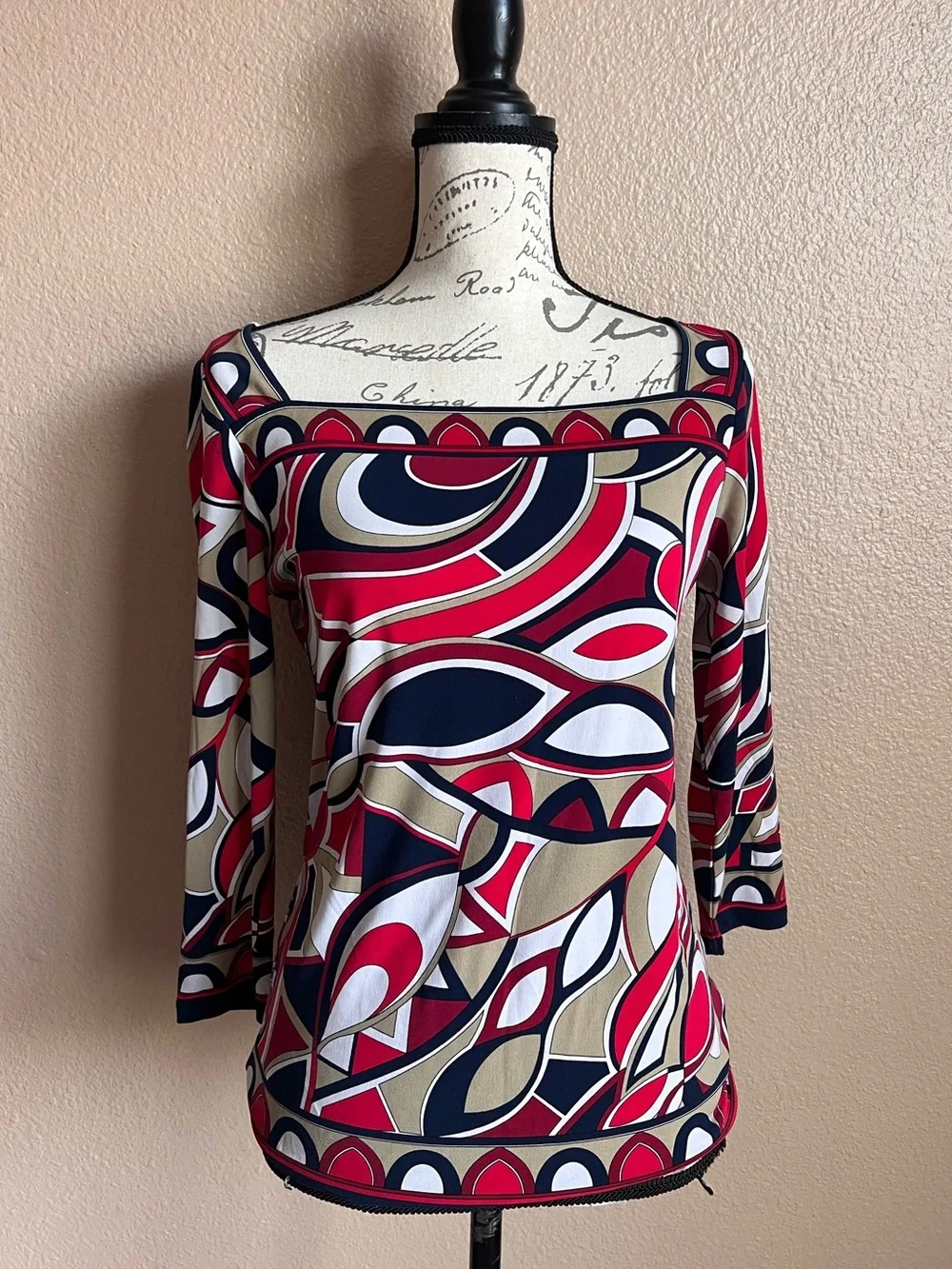 Michael Kors Women’s Square Neckline Geometric Pattern Artsy 3/4 Slv Blouse PS